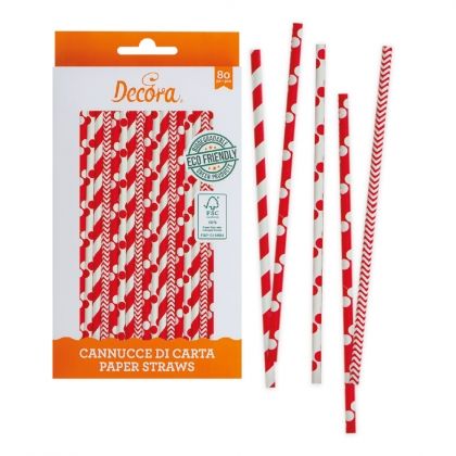 80 PCS RED&WHITE Ø 6 X 210 MM PAPER BIO STRAWS 